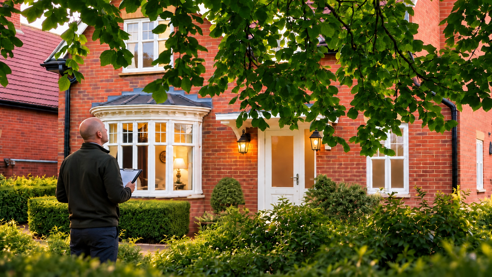Surveyor inspecting the exterior of a red-brick house
